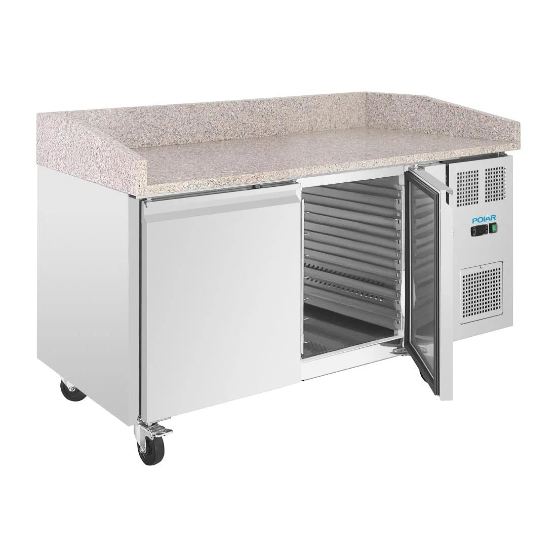 Polar U-Series Pizzatisch 2 Türen mit Granitplatte 428 Liter auf Rollen