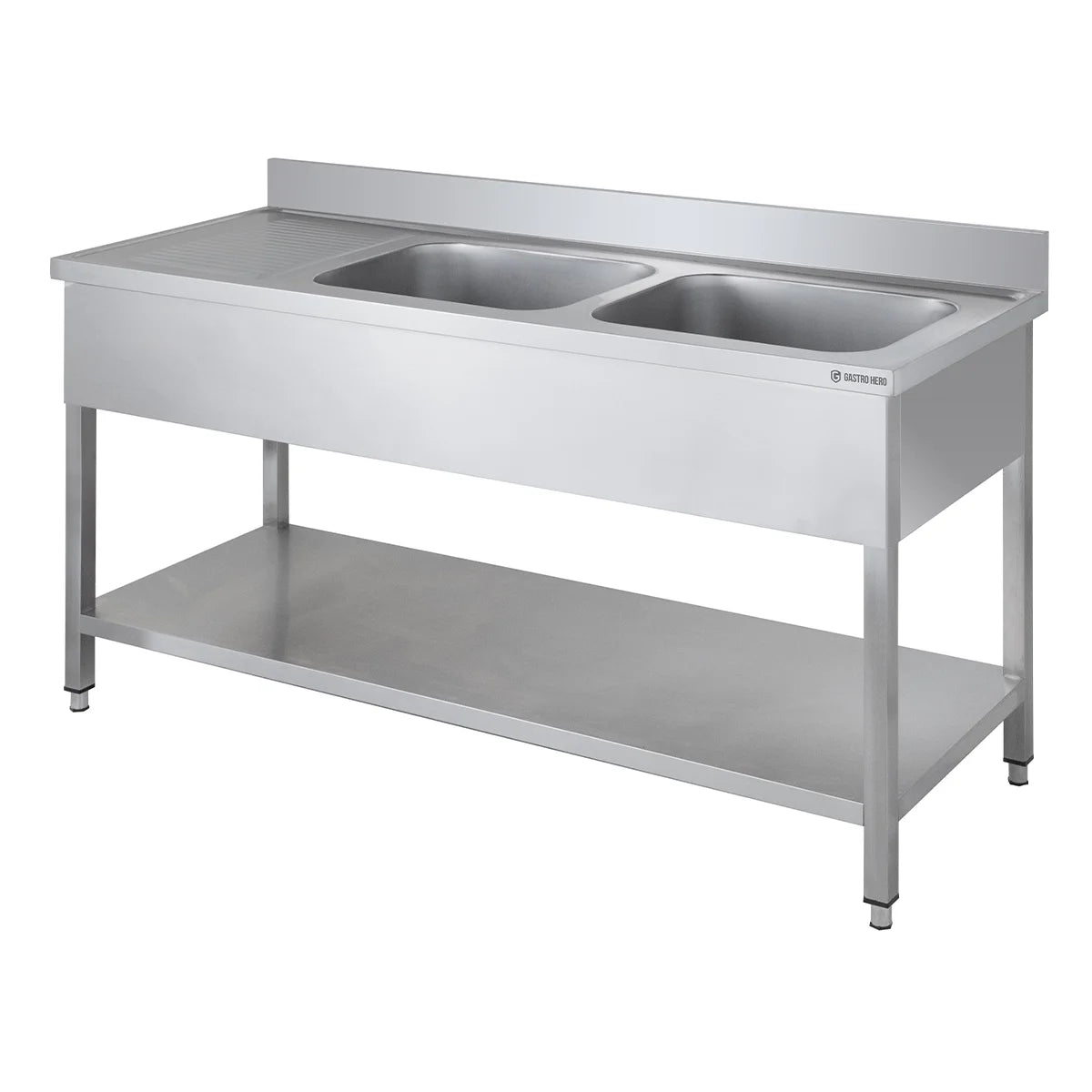 Spültisch Basic 16x6 mit 2 Becken rechts, Aufkantung und Grundboden