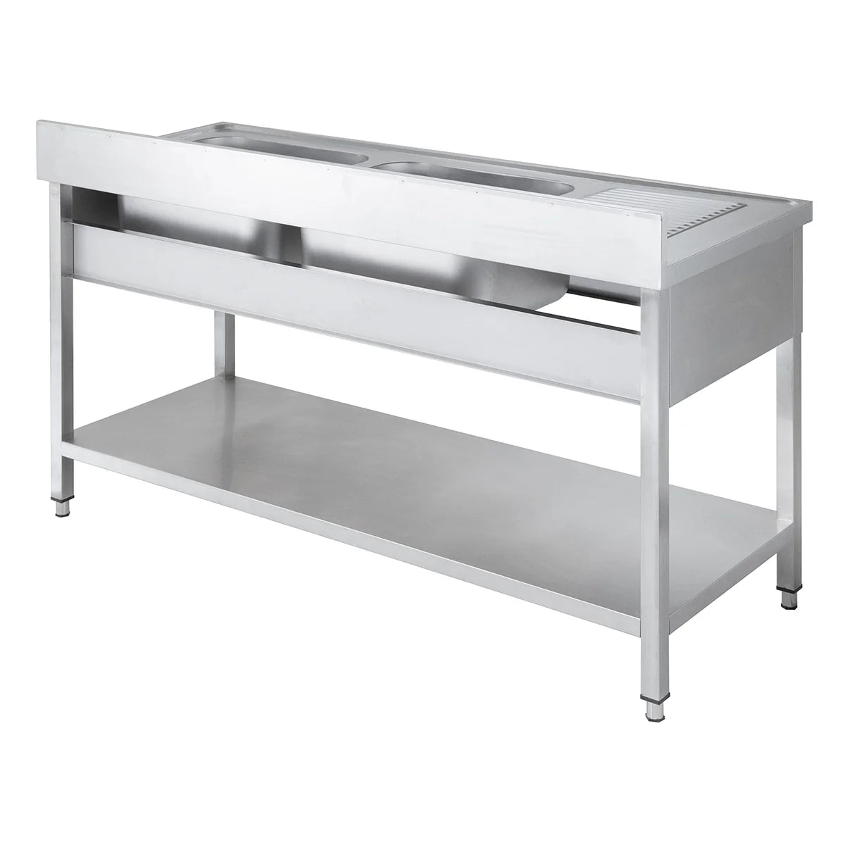 Spültisch Basic 16x6 mit 2 Becken rechts, Aufkantung und Grundboden