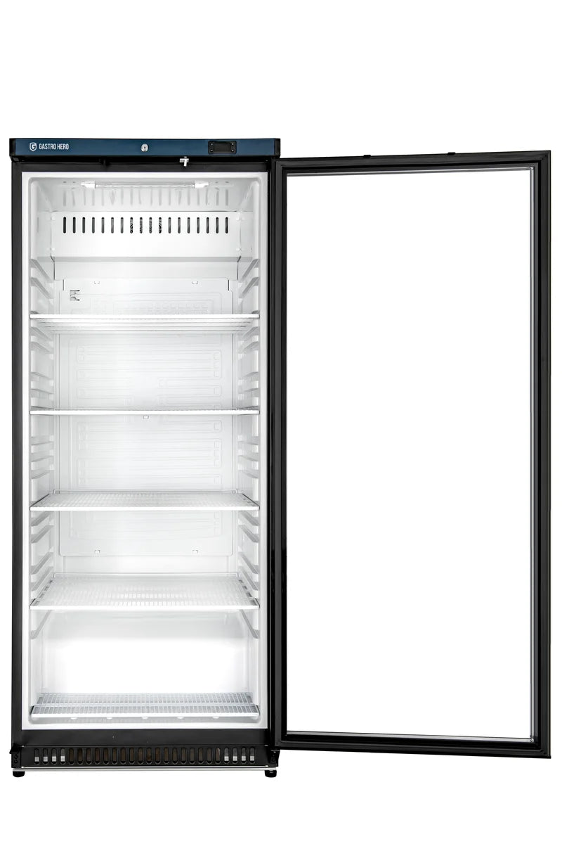 Lagerkühlschrank ECO 600 mit Glastür, Innenraum aus Kunststoff, schwarz