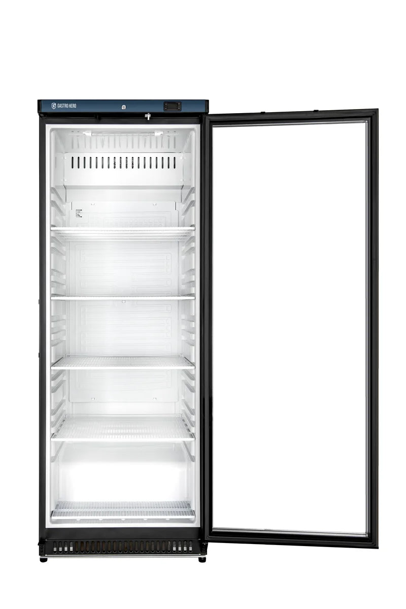 Lagerkühlschrank ECO 400 mit Glastür, Innenraum aus Kunststoff, schwarz