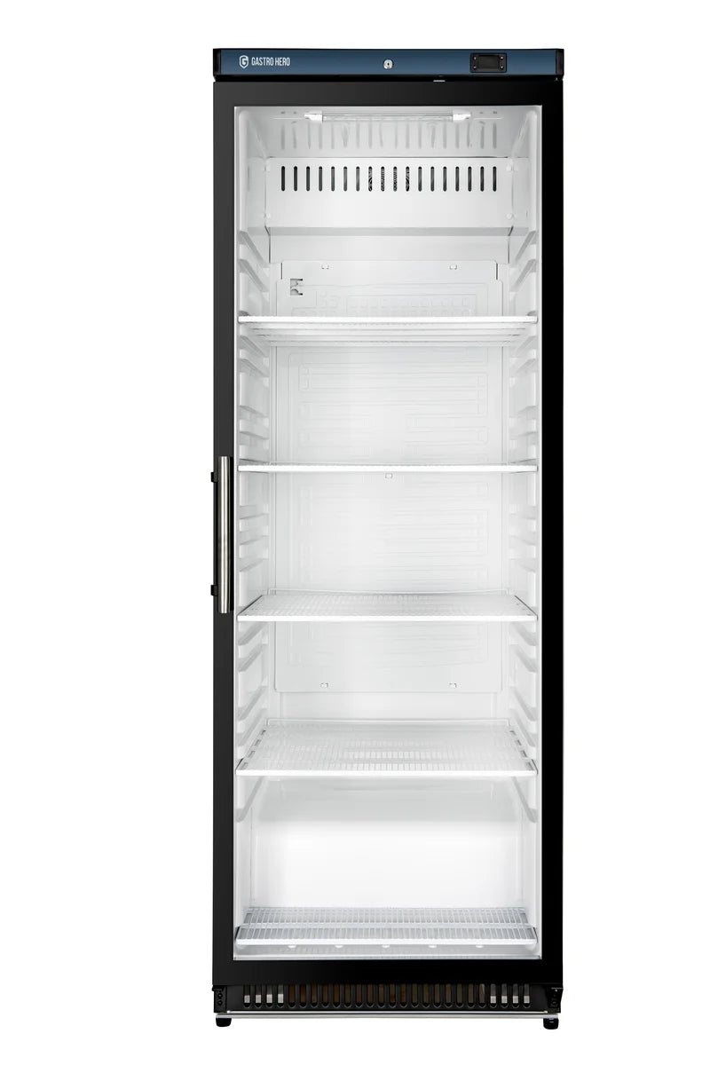 Lagerkühlschrank ECO 400 mit Glastür, Innenraum aus Kunststoff, schwarz