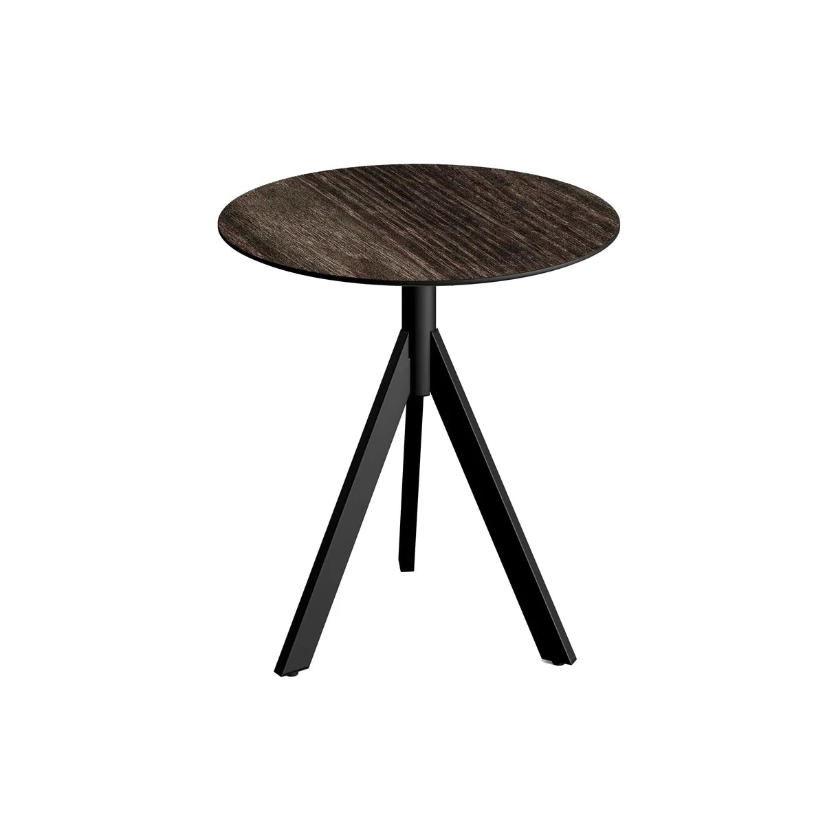 Feros Infinity Tripod Terrassentisch Schwarz frame + Riverwashed Wood HPL Ø70 cm
