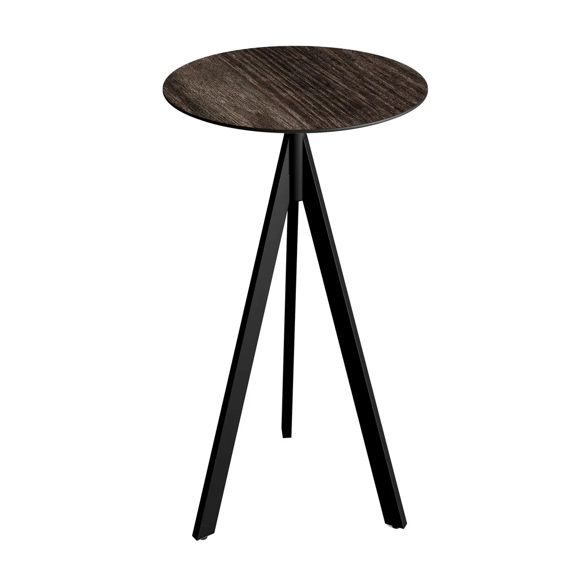 Feros Infinity Tripod Stehtisch Schwarz frame + Riverwashed Wood HPL Ø70 cm