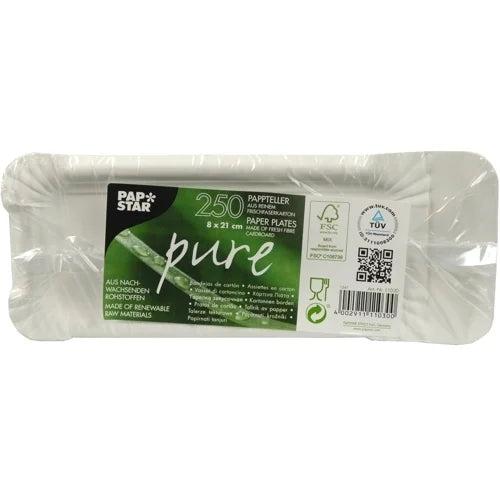 Papstar 250 Teller, Pappe pure eckig 8 cm x 21 cm weiss mit Anfasser