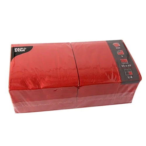 Papstar 250 serviettes, 3 plis, pliage 1/4 33 cm x 33 cm rouges