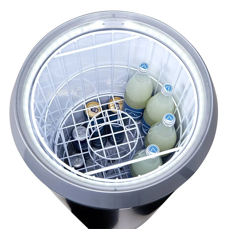 Gastro-Cool PT75 refroidisseur de fête / baril réfrigérant 73 litres avec couvercle en verre et cadre décoratif argenté + LED, sur roulettes