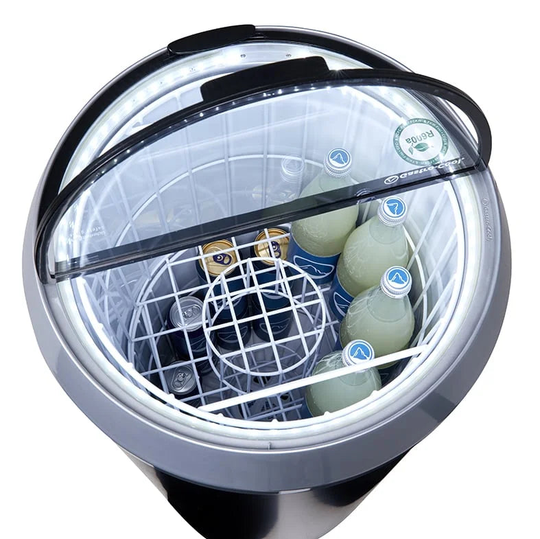 Gastro-Cool PT75 refroidisseur de fête / baril réfrigérant 73 litres avec couvercle en verre et cadre décoratif argenté + LED, sur roulettes