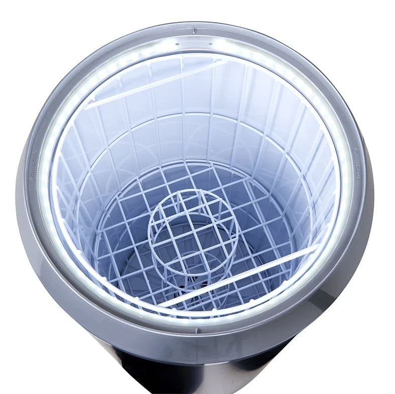 Gastro-Cool PT75 refroidisseur de fête / baril réfrigérant 73 litres avec couvercle en verre et cadre décoratif argenté + LED, sur roulettes