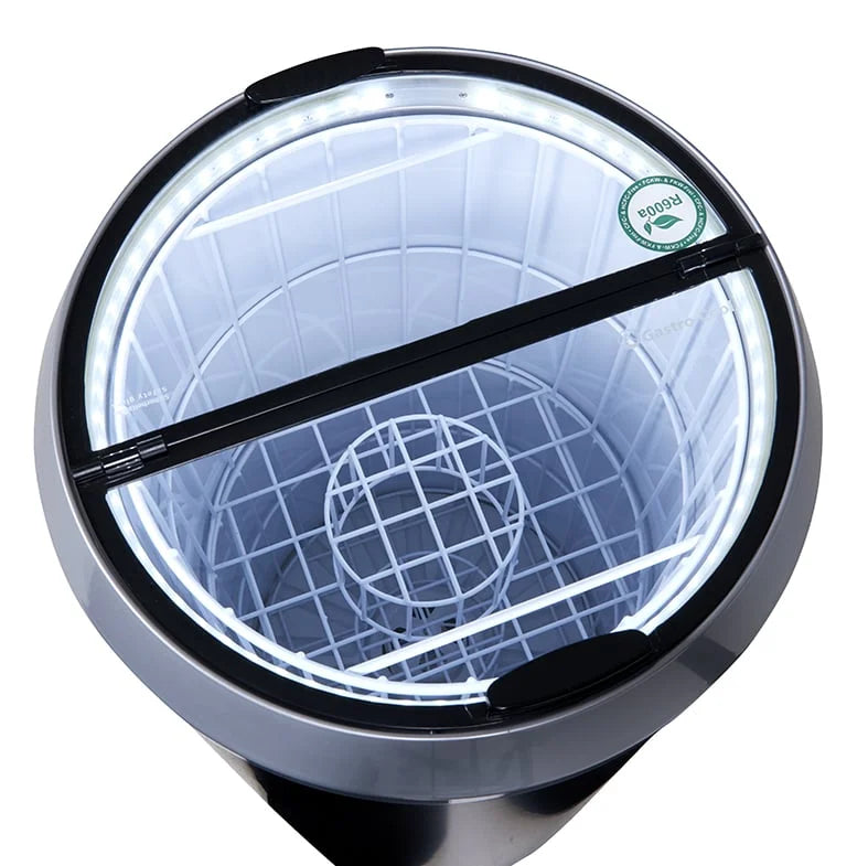 Gastro-Cool PT75 refroidisseur de fête / baril réfrigérant 73 litres avec couvercle en verre et cadre décoratif argenté + LED, sur roulettes