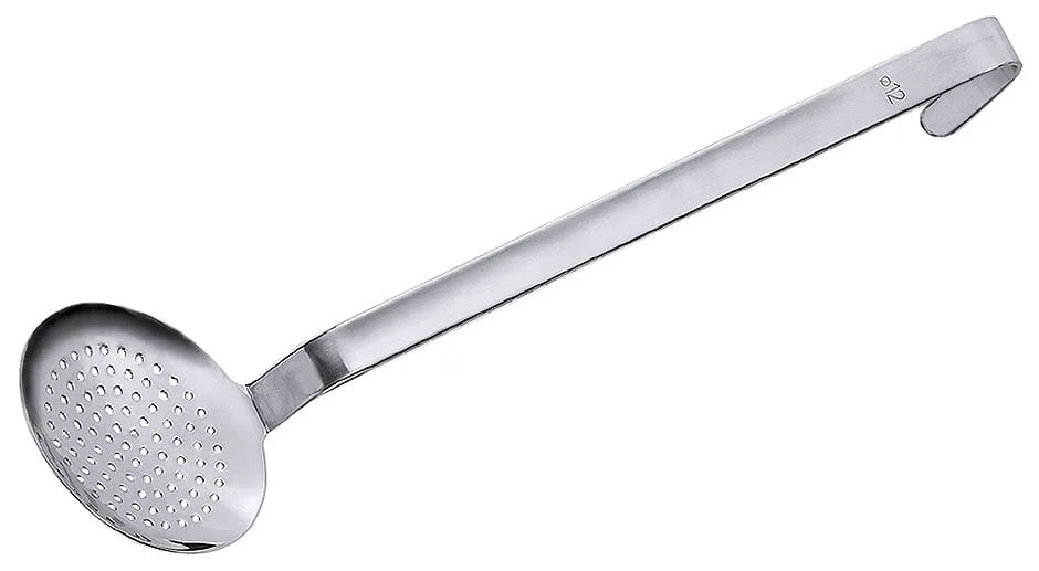 Écumoire en inox, perforations de 4 mm, manche de 44 cm, diamètre de 20 cm