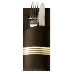 Papstar Pochette à couverts Stripes - noir/crème avec serviette colorée incluse
