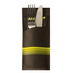 Papstar Pochette à couverts Stripes - noir/citron vert avec serviette colorée incluse