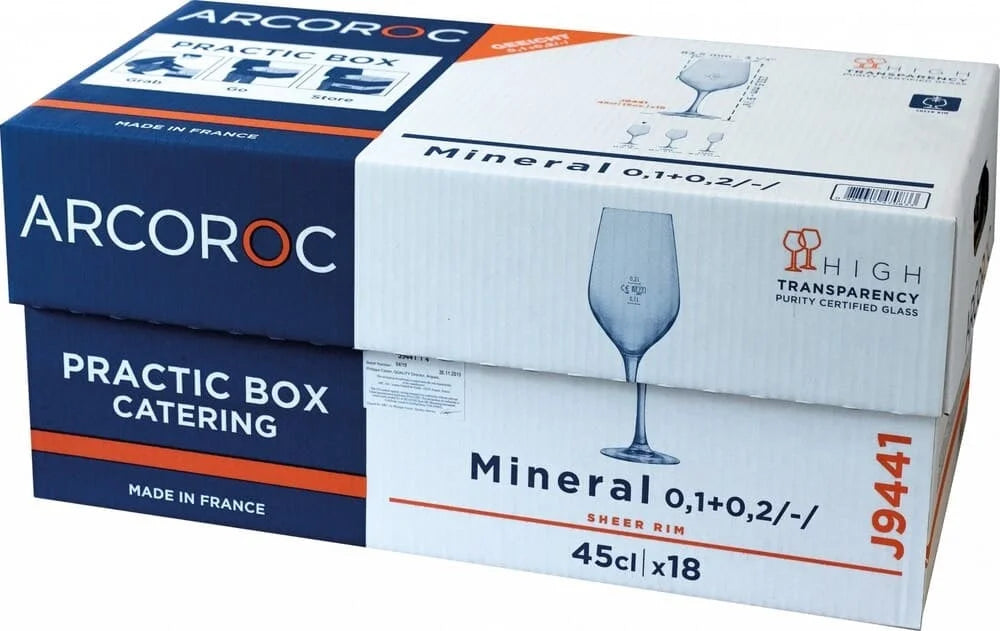 Verre à vin Arcoroc Mineral 45 cl avec traits de jauge à 0,1 et 0,2 l, boîte Practic de 18