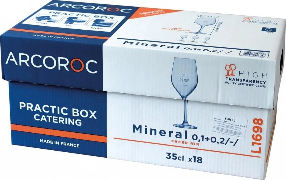 Arcoroc Mineral Weinglas 35 cl mit Füllstrichen bei 0,1 und 0,2 l, 18er Practic-Box