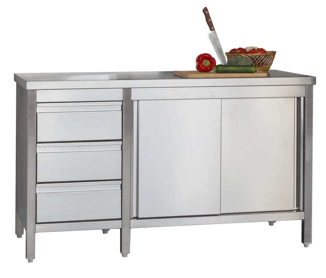 Edelstahl Arbeitsschrank Profi mit Flügeltüren und 3 Schubladen 1500 x 700 x 850 mm