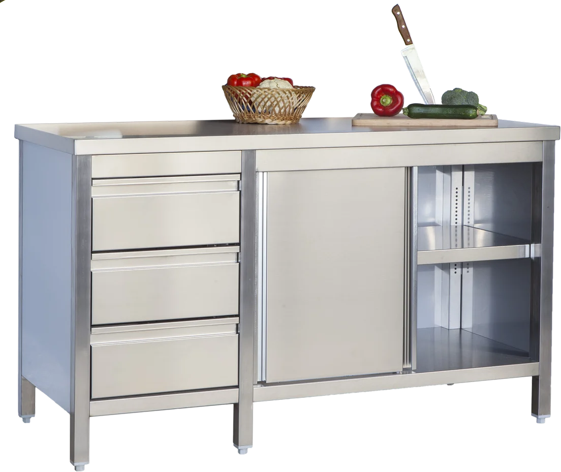 Edelstahl Arbeitsschrank Profi mit Schiebetüren und 3 Schubladen 1600 x 700 x 850 mm