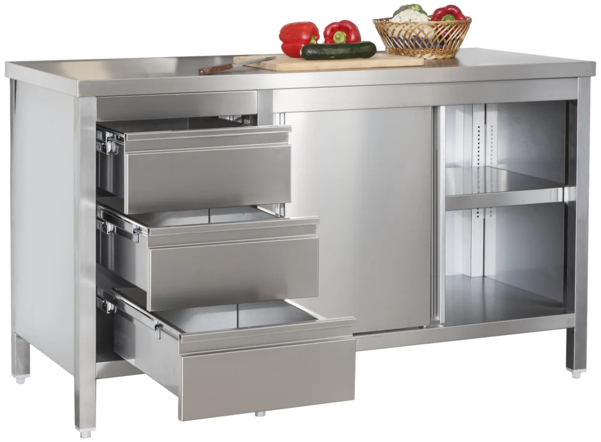 Edelstahl Arbeitsschrank Profi mit Schiebetüren und 3 Schubladen 2000 x 600 x 850 mm
