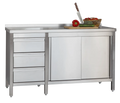 Edelstahl Arbeitsschrank Profi mit Schiebetüren- Aufkantung und 3 Schubladen 2000 x 600 x 850 mm