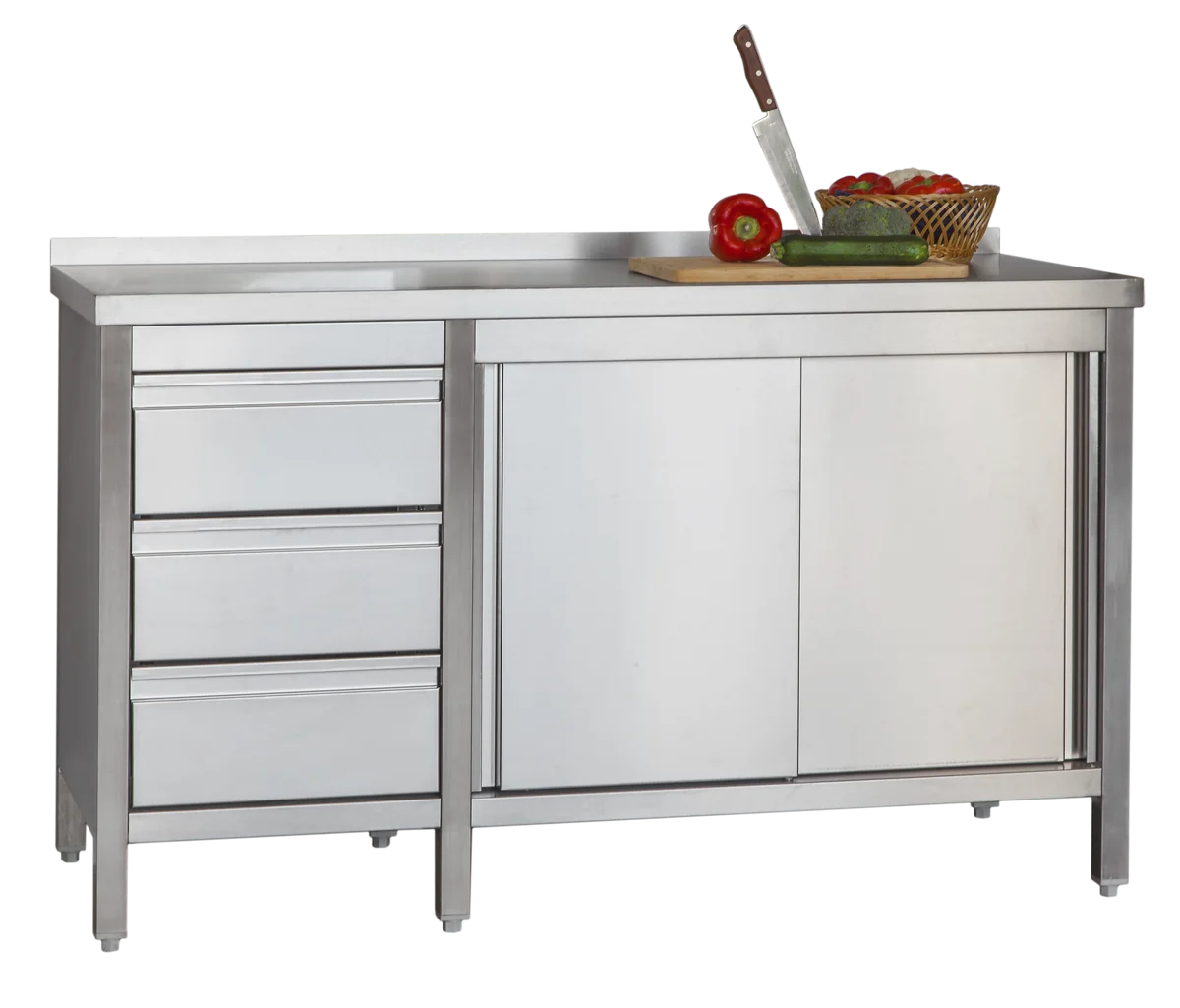 Edelstahl Arbeitsschrank Profi mit Schiebetüren- Aufkantung und 3 Schubladen 1800 x 600 x 850 mm