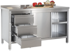 Edelstahl Arbeitsschrank Profi mit Schiebetüren- Aufkantung und 3 Schubladen 2000 x 600 x 850 mm