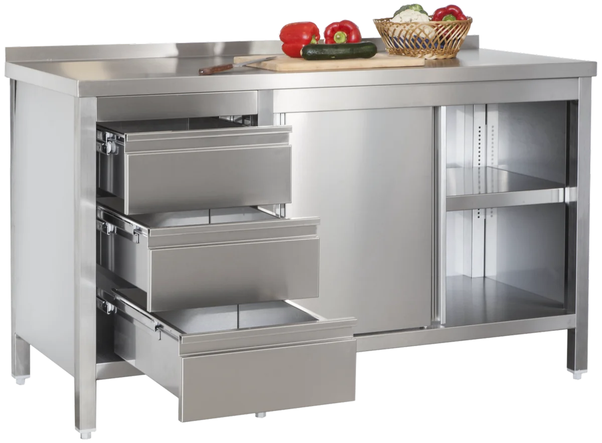Edelstahl Arbeitsschrank Profi mit Schiebetüren- Aufkantung und 3 Schubladen 2000 x 600 x 850 mm