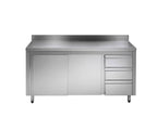 Armoire de travail en acier inoxydable ECO avec portes coulissantes et 3 tiroirs 20x7 avec dosseret