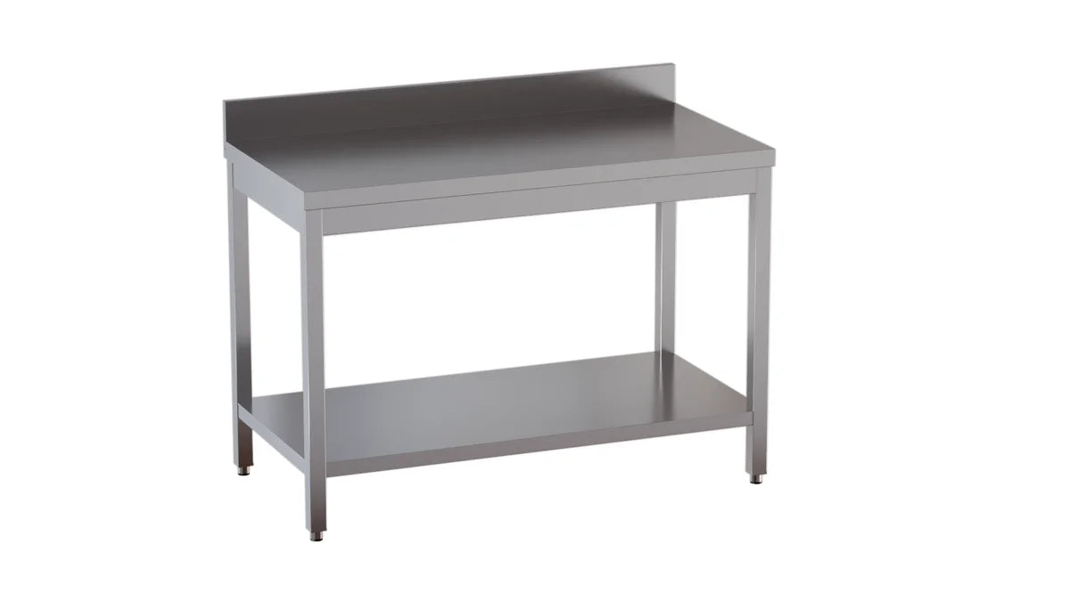 Table de travail en inox Eco 10x7 avec tablette inférieure et dosseret