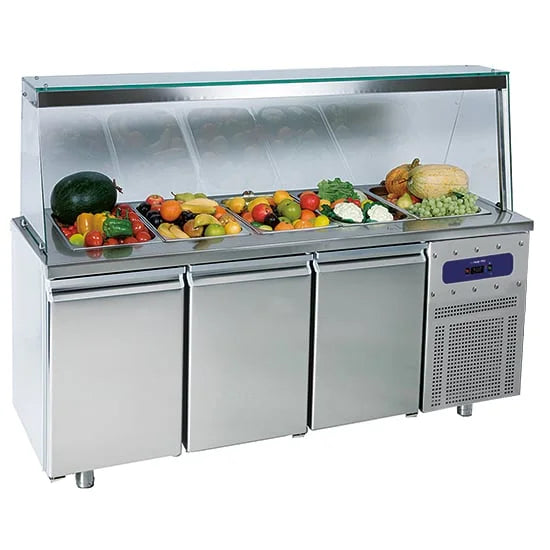 Mastro Saladette mit 3 Türen GN 1/1 und Glasstruktur, 5x GN 1/1 H=150 mm, -2°/+8°C