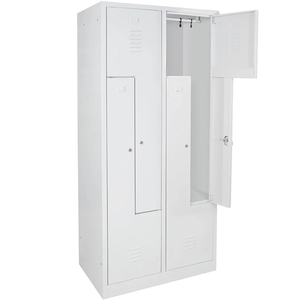 Vestiaire en Z avec socle et serrures à cylindre, 4 compartiments, LxPxH 800x500x1800 mm, gris clair