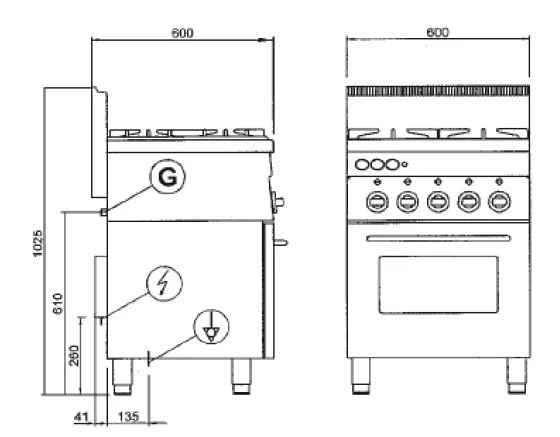 Gasherd Serie 600 - 60/60 mit Elektrobackofen,  Umluft und Elektrogrill