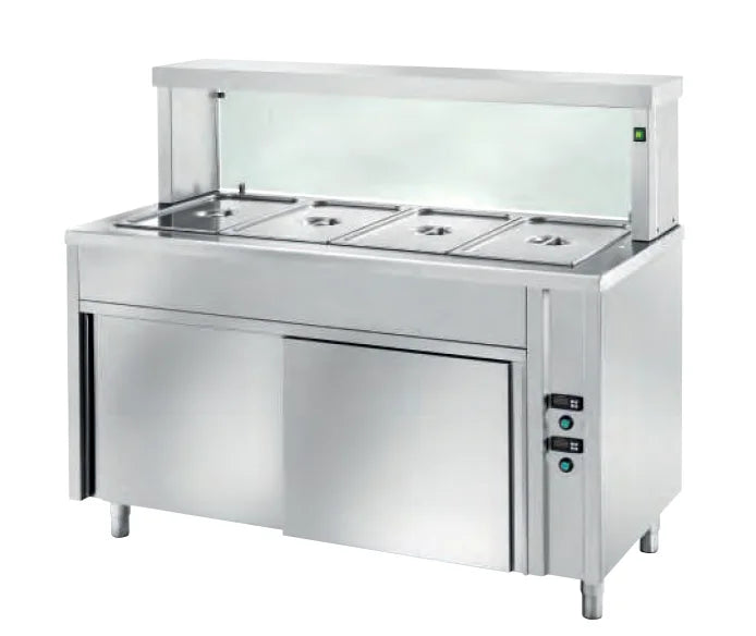 Table de maintien au chaud en libre-service PROFI ventilée avec portes coulissantes et rehausse vitrée angulaire 1500x700x1300 - 4x GN 1/1