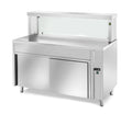 Table de maintien au chaud en libre-service PROFI neutre avec portes coulissantes, plateau supérieur chauffant et rehausse vitrée angulaire 2000x700x1300
