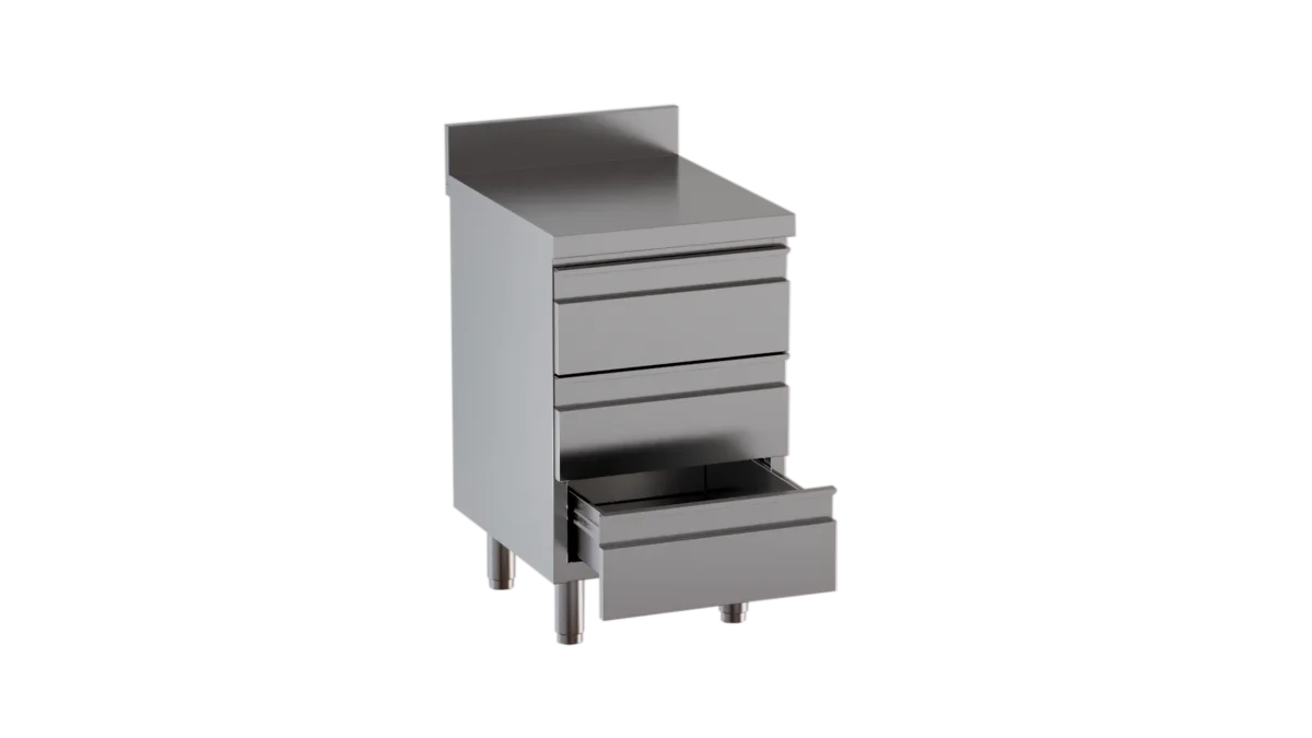 Meuble à tiroirs en inox ECO unité 3 tiroirs 600 avec dosseret