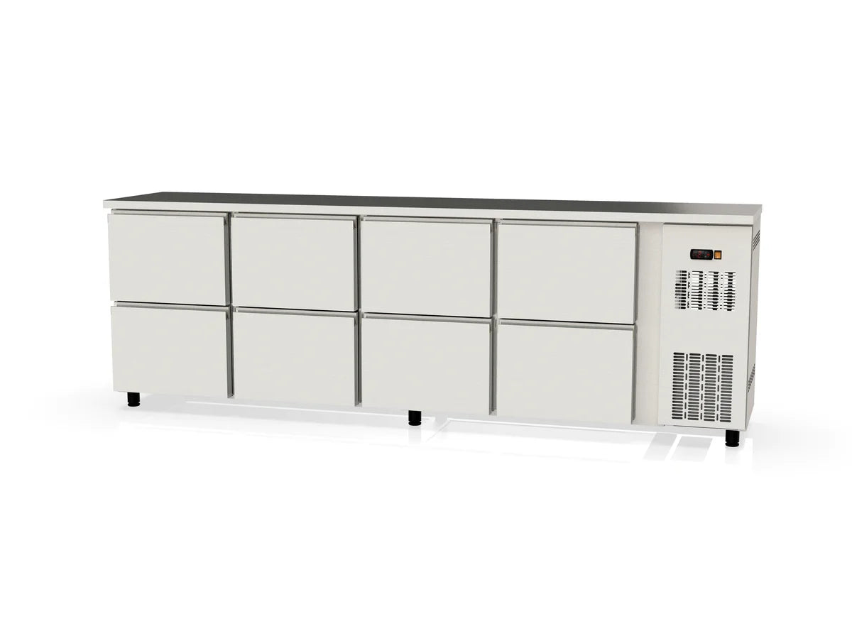 Table réfrigérée de bar Coreco PROFI 0/8 en acier inoxydable avec 8 tiroirs