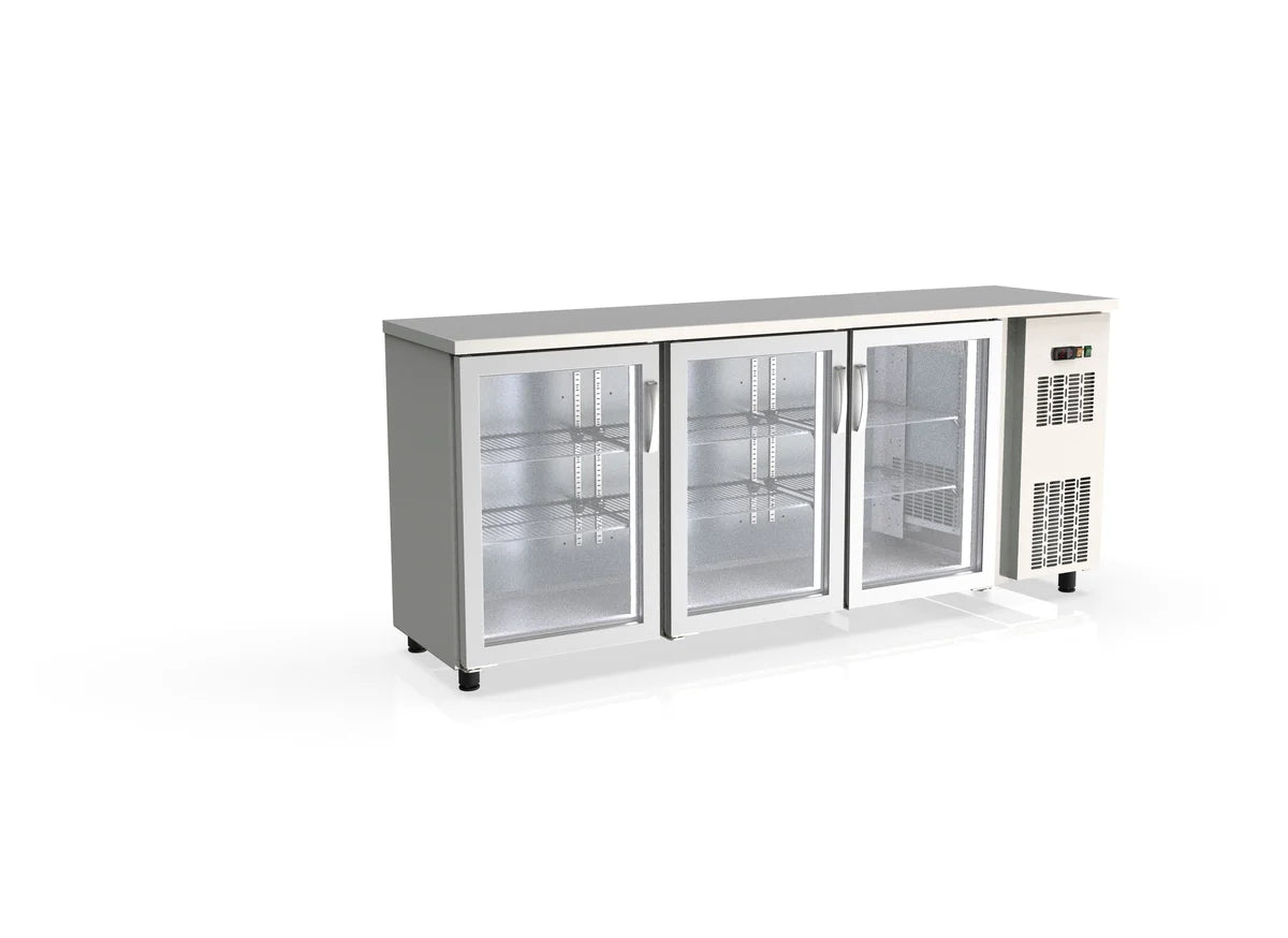 Table réfrigérée de bar Coreco PROFI 3/0G en acier inoxydable avec 3 portes vitrées