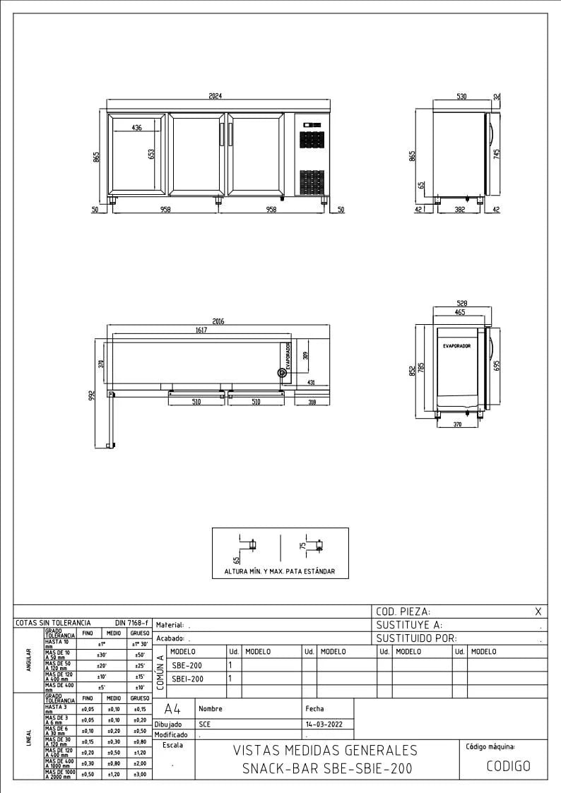 Table réfrigérée de bar Coreco PROFI 3/0G en acier inoxydable avec 3 portes vitrées