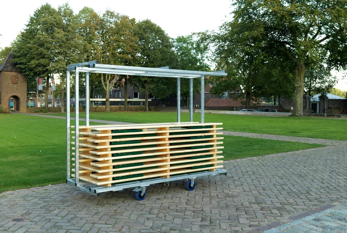 Feros chariot de transport pour jusqu’à 10 ensembles tables-bancs de fête, (LxPxH) 2315x590/890x1805 mm