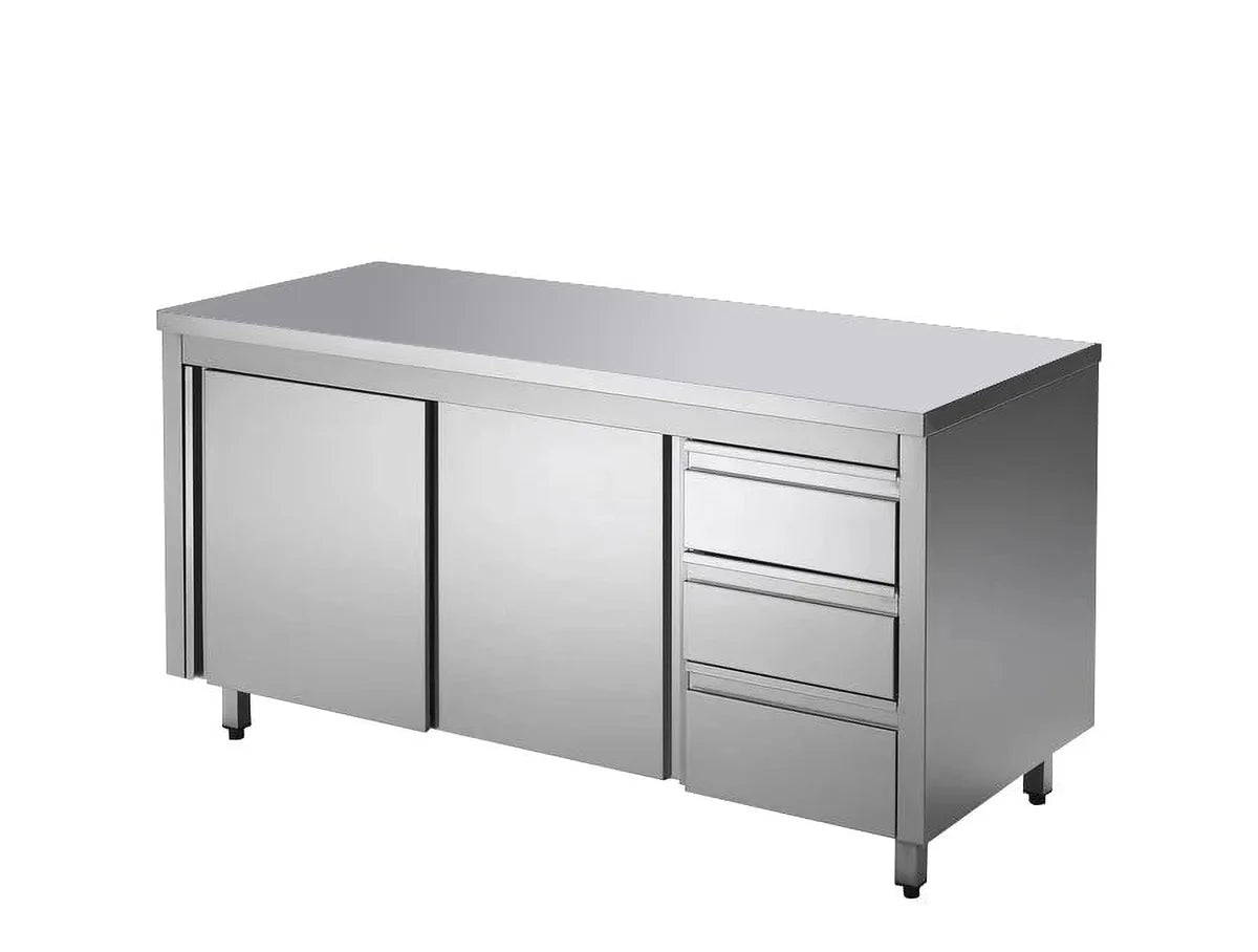 Armoire de travail en acier inoxydable ECO avec porte coulissante et 3 tiroirs 16x6
