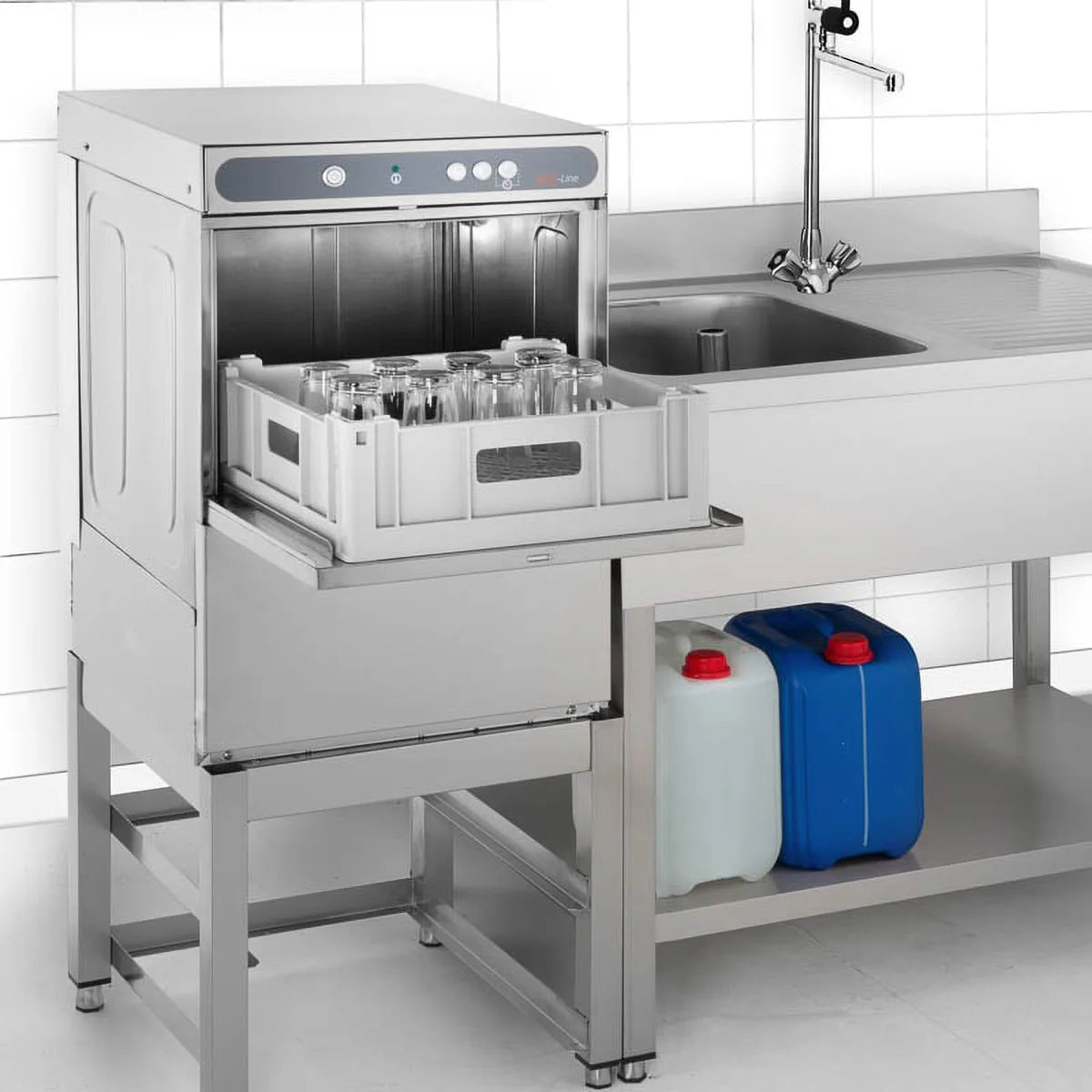 Gläserspülmaschine ECO 40x40 cm Korbmaß, mit Reiniger- & Klarspüldosierer, mit Ablaufpumpe & Enthärter, Made in Europe, 230 Volt