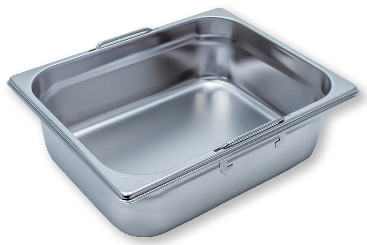 Bac GN Rieber en acier inoxydable GN 1/2 avec poignées encastrables - 100 mm, capacité : 5,3 litres, Mod. 12 100 F