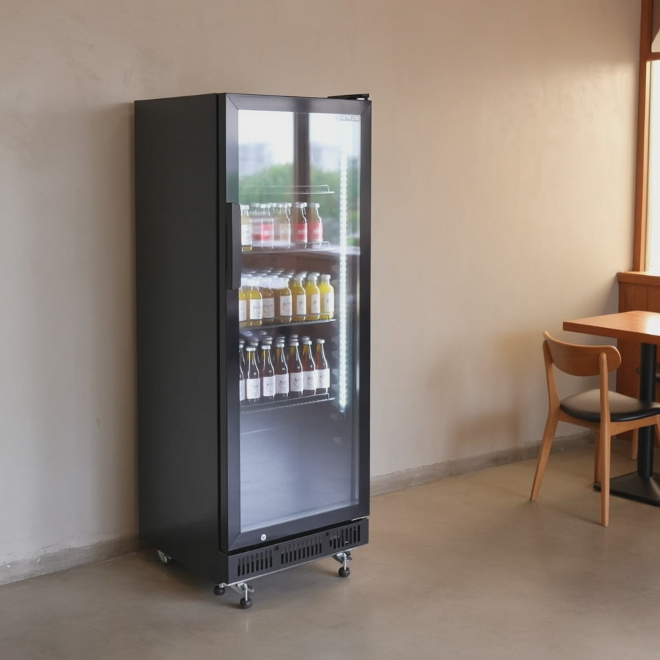 Armoire à boissons GKSE230, volume utile 230 litres, 4 clayettes réglables, éclairage intérieur, verrouillable, noir